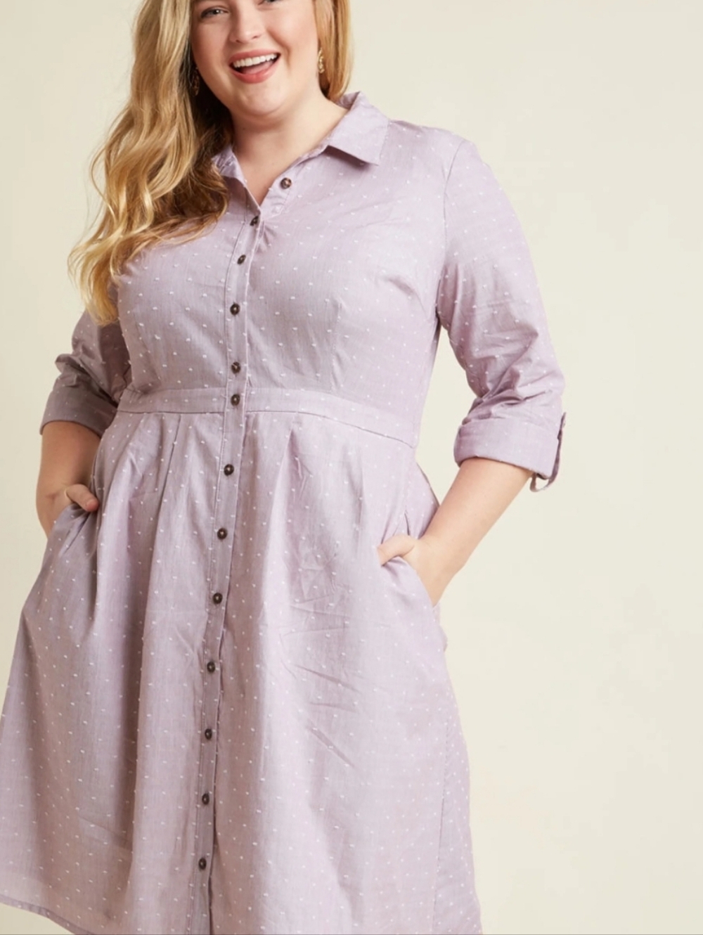 ModCloth 2X Striped Swiss Dot Shirt Dress Purple White Roll Tab Sleeve Plus Size